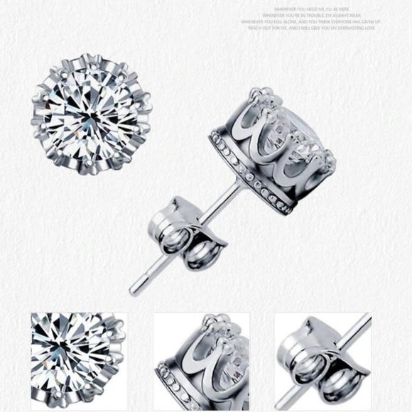 925 Sterling Silver Diamond Crown Stud Earrings - Picture 7 of 7